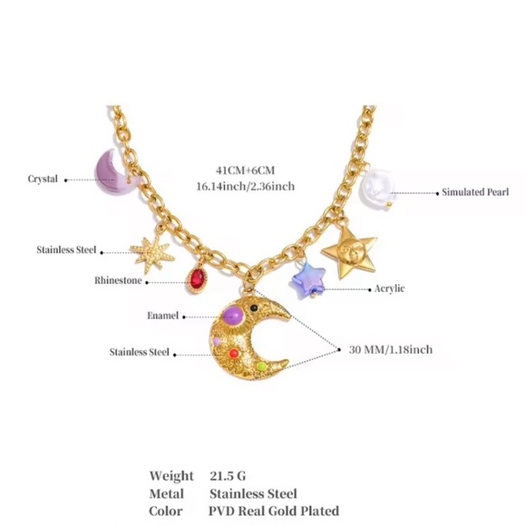 Moon Star Charms 18K Gold Stainless Steel Waterproof Necklace - Picture 12 of 12